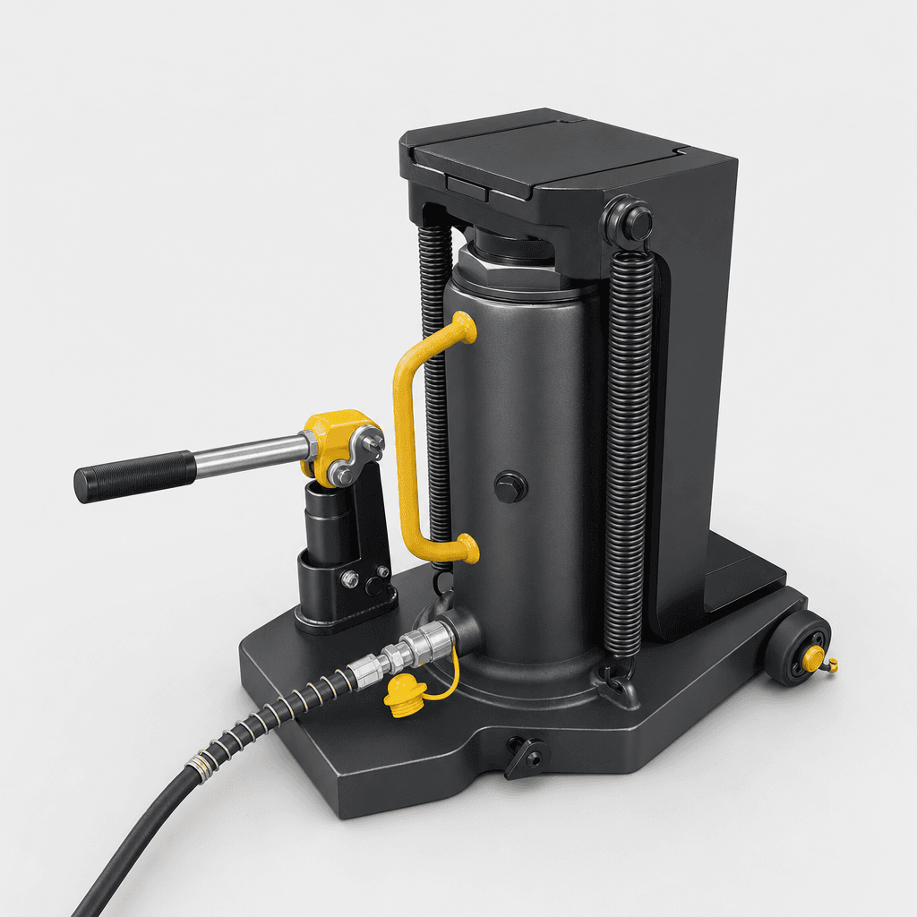 Hydraulic toe jack with black body and yellow handle