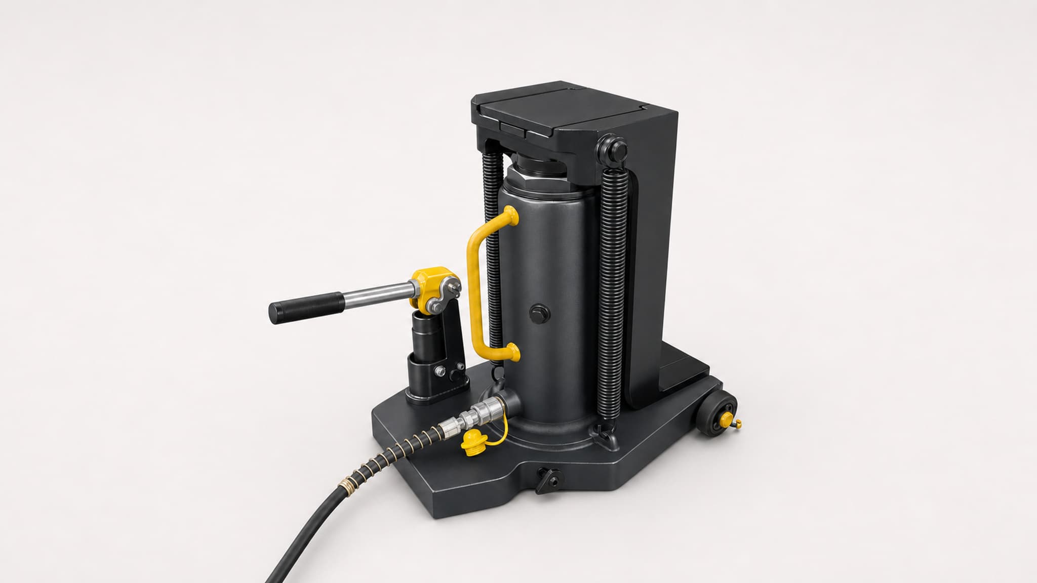 Hydraulic toe jack with black body and yellow handle