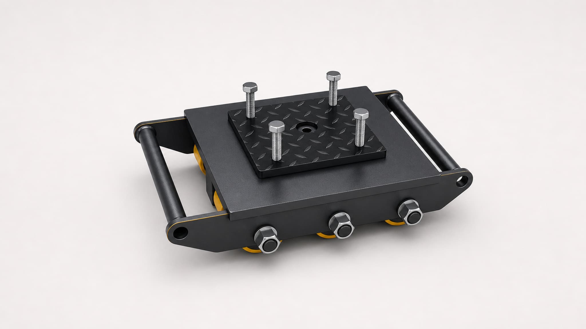 Heavy load machinery skate with black steel body and yellow wheels