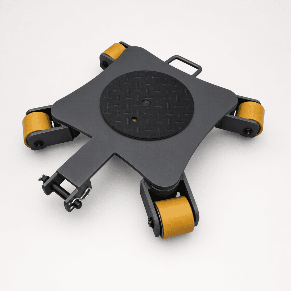 Universal machinery skate with yellow rollers and black steel body